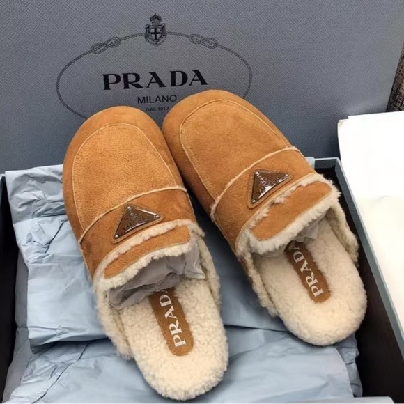 Prada Shoes - Prada Tan Shearling Lined Slippers